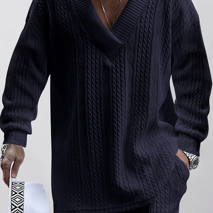 Cotton Blend Loose All Match Knitted Cable Sweater, Men's Casual Warm Slightly Stretch V Neck Pullover Sweater For Men Fall Winter