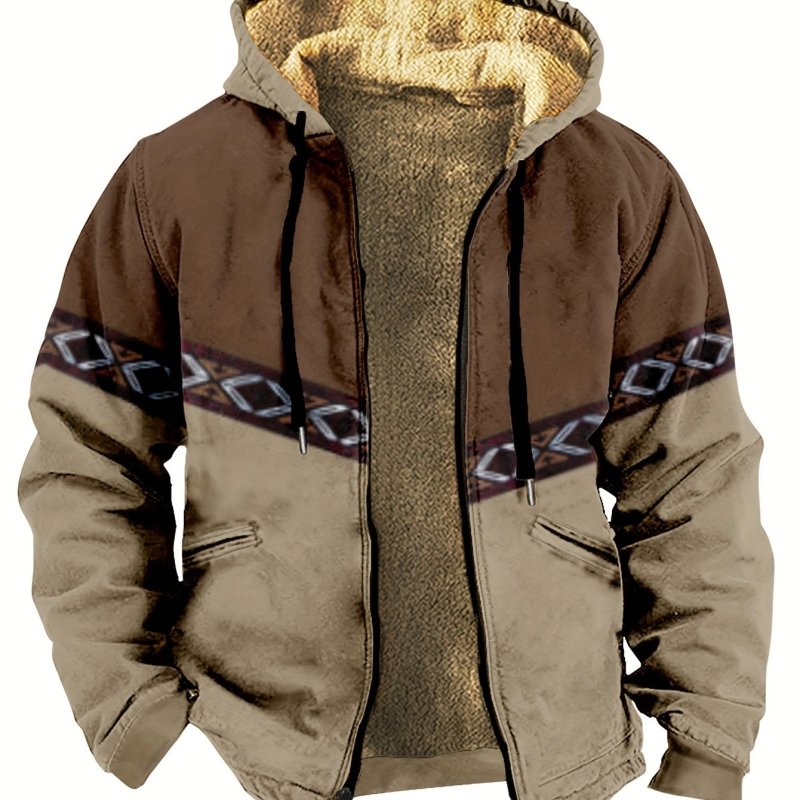 Men's Casual Color Block Warm Thick Zip Up Hoodie For Fall Winter