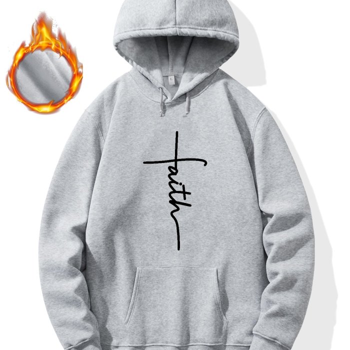 Faith Print Hoodie, Cool Hoodies For Men, Men's Casual Graphic Design Pullover Hooded Sweatshirt With Kangaroo Pocket Streetwear For Winter Fall, As Gifts Teenager Student