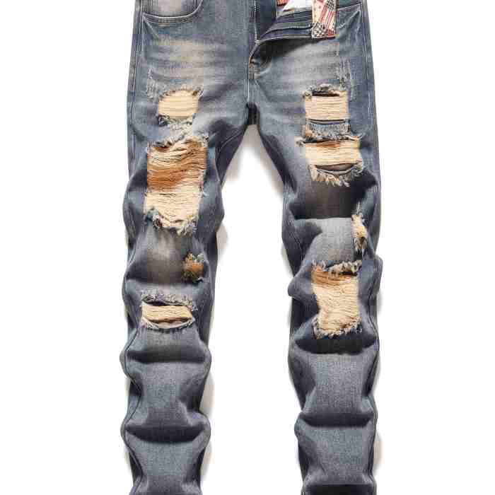 Regular Fit Ripped Jeans, Men's Casual Street Style Distressed Denim Pants For All Seasons