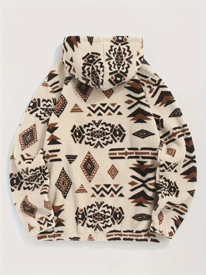 Ethnic Style Pattern Hoodies For Men, Fleece Hoodie With Kangaroo Pocket, Comfy Loose Trendy Hooded Pullover, Mens Clothing For Autumn Winter