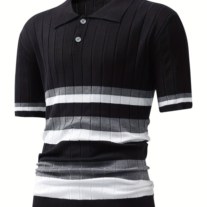 Elegant Stripe Pattern Shirt, Men's Casual Warm Mid Stretch V-Neck Metal Button Pullover Sweater For Summer