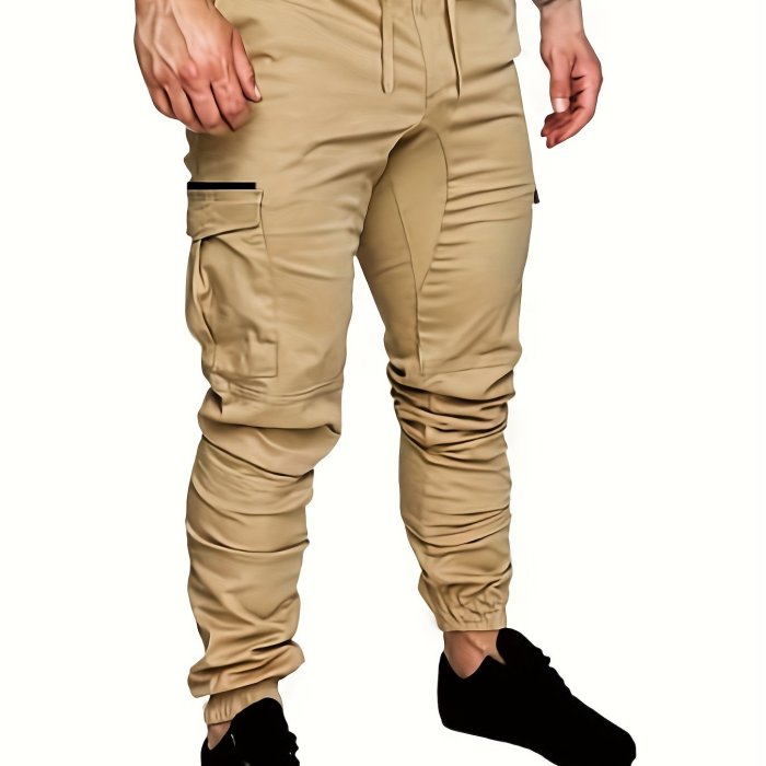 Casual Side Flap Pockets Drawstring Woven Joggers, Men's Cargo Pants For Spring Fall Outdoor
