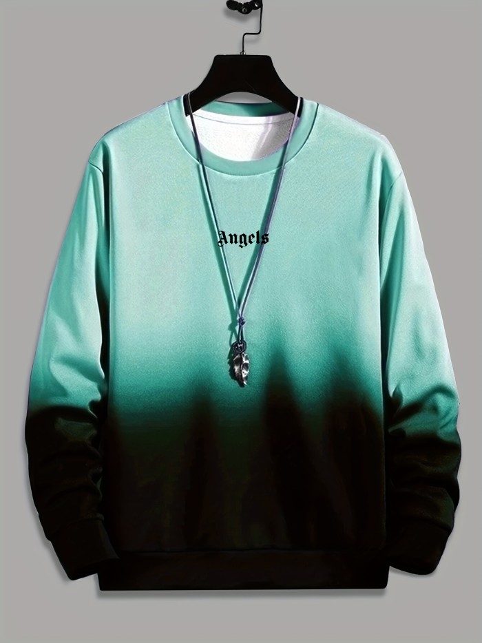 Angels Print Ombre Sweatshirt, Men's Casual Graphic Design Slightly Stretch Crew Neck Pullover Sweatshirt For Autumn Winter