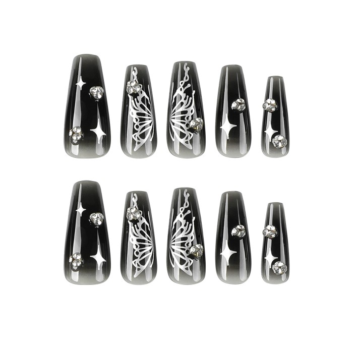 24pcs Glossy Medium Ballet Fake Nails, Ice Transparent Black Press On Nails With Silvery Butterfly Star Design, Shining Rhinestone Stick On False Nails For Women Girls