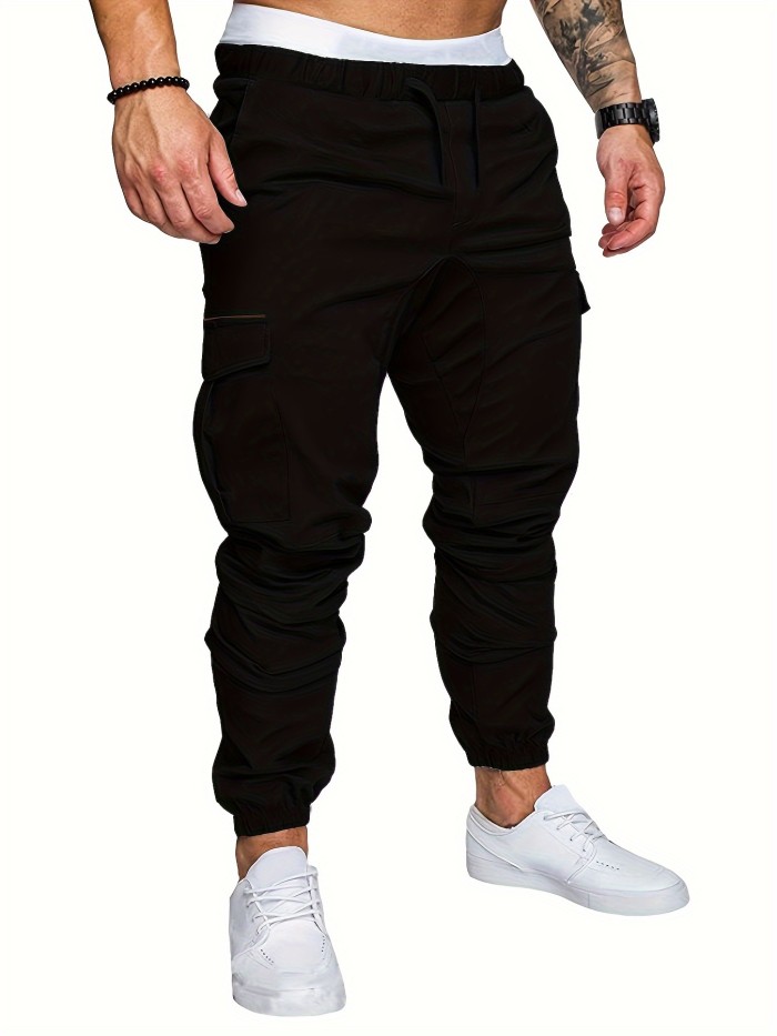 Casual Side Flap Pockets Drawstring Woven Joggers, Men's Cargo Pants For Spring Fall Outdoor