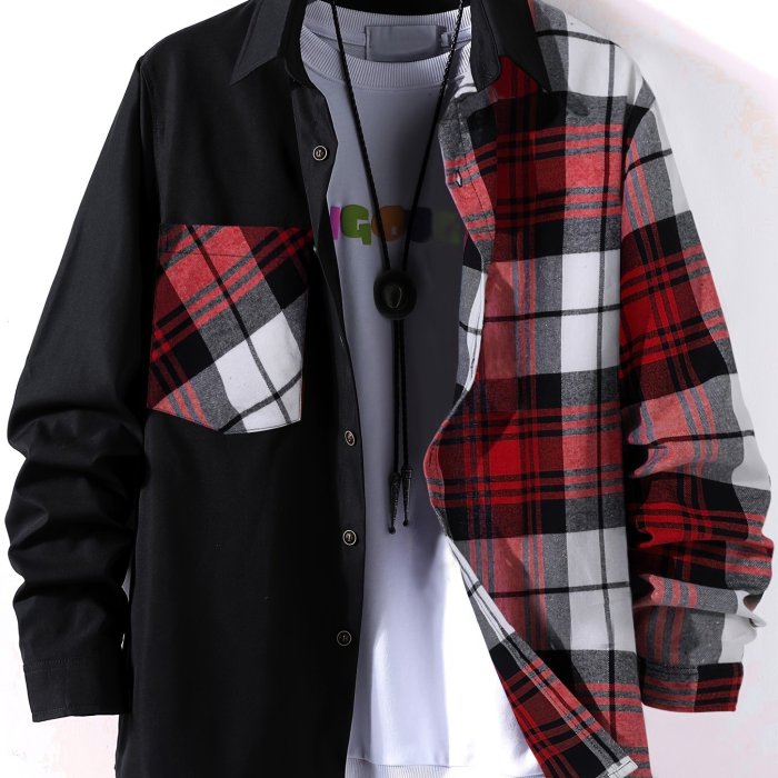 Stylish Collage Chest Pocket Plaid Pattern Casual Long Sleeve Button Up Shirt, Men's Clothes For Spring Summer Fall Outdoor