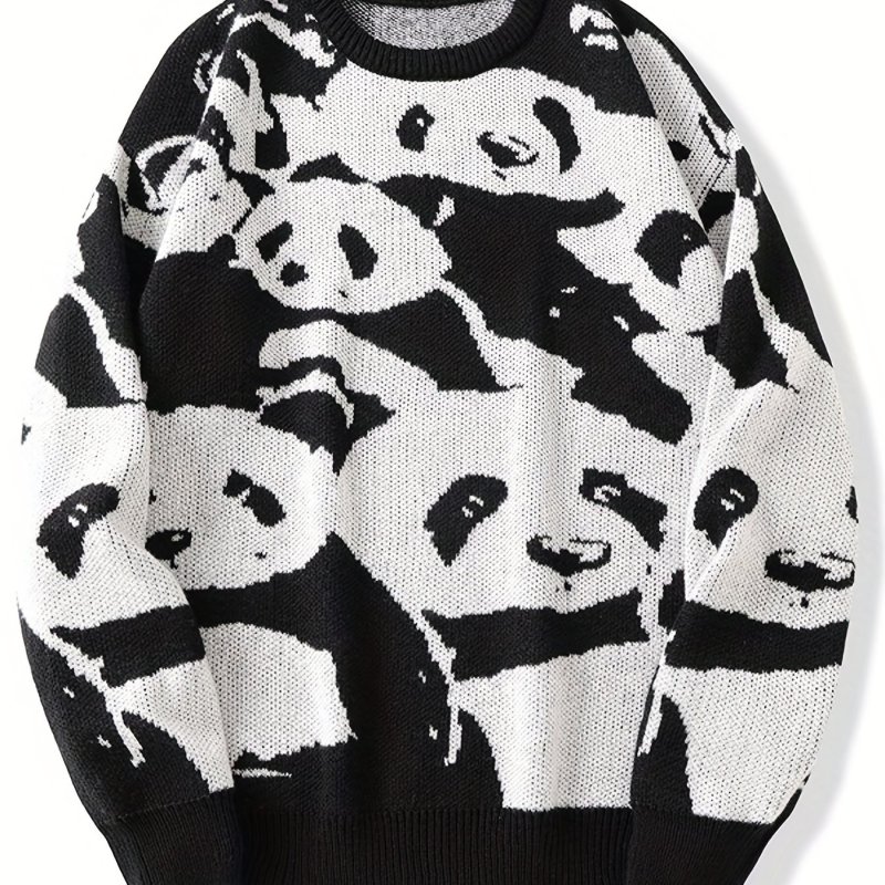 All Match Knitted Sweater, Men's Casual Cartoon Panda Pattern Warm Slightly Stretch Crew Neck Pullover Sweater For Men Fall Winter