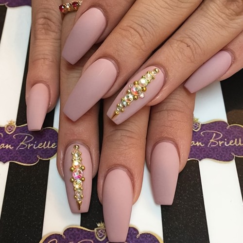 Press On Nails Medium Coffin Nude Acrylic Fake Nails Tips Full Cover Rhinestones False Nails For Women And Girls