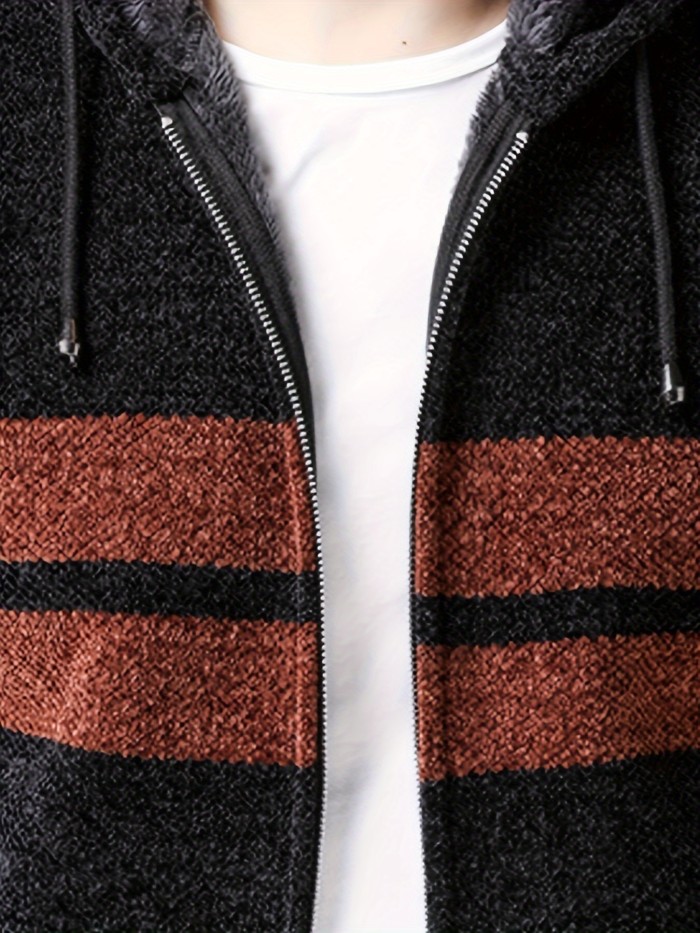 Men's Cardigan Sweater Stripe Pattern Drawstring Hooded Teddy Lined Full Zip Up Cardigan For Fall, Winter, Casual