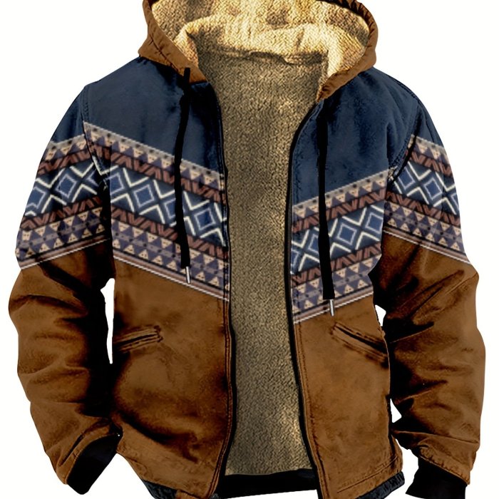 Men's Casual Color Block Warm Thick Zip Up Hoodie For Fall Winter