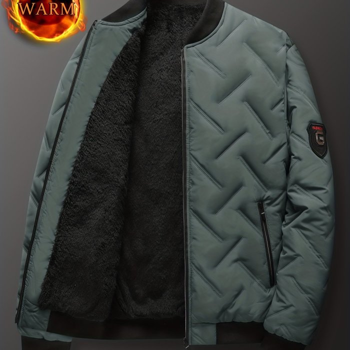 Solid Color Sherpa Lined Varsity Jacket, Men's Casual Fleece Lined Baseball Jacket Coat Regular Fit College Hipster Windbreaker For Winter Autumn