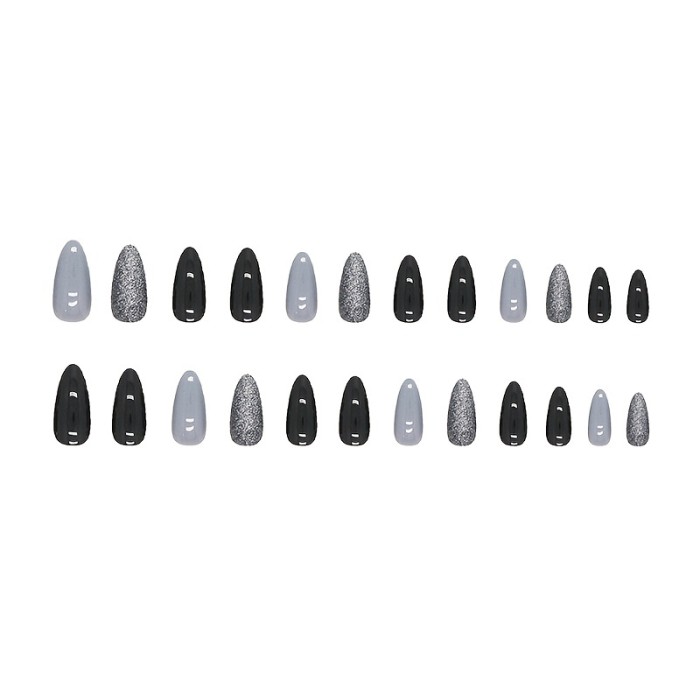 Glossy Purple and Black Press On Nails with Glitter Silvery Design - Medium Almond Shape Acrylic Fake Nails for Women - Decorative False Nails Kit