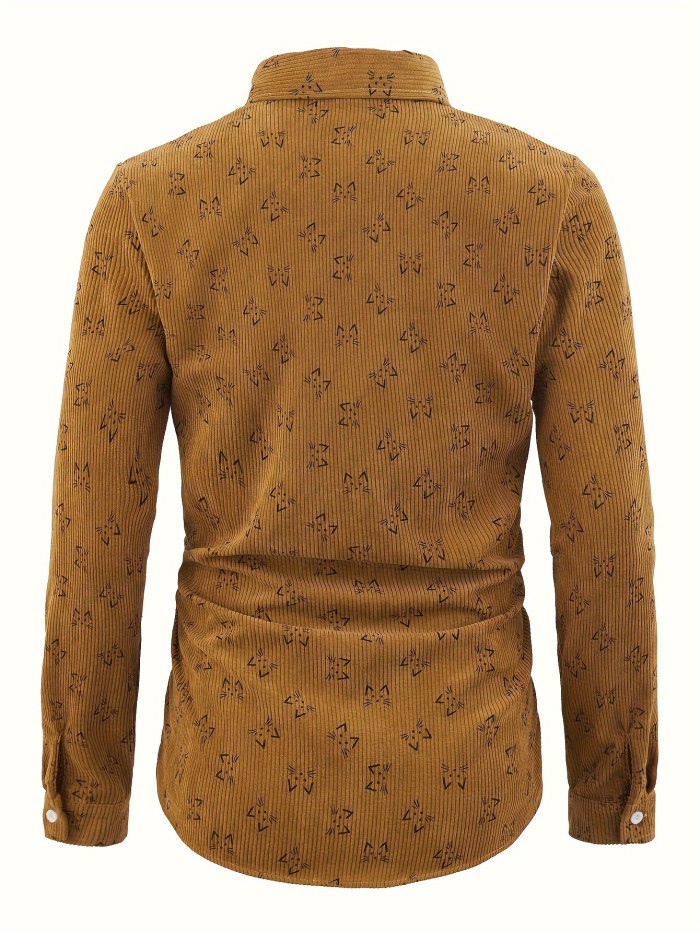 Cat Pattern, Men's Corduroy Turndown Collar Trendy Comfy Long Sleeve Shirt For Autumn, Mens Clothing