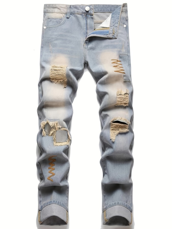 Men Chevron Embroidered Ripped Slim Straight Jeans