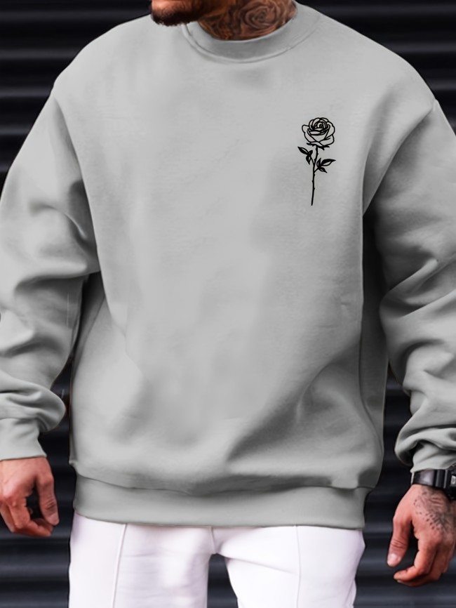 Fashionable Men's Casual Rose Print,Long Sleeve Round Neck Pullover Sweatshirt,Suitable For Outdoor Sports,For Autumn And Spring,Can Be Paired With Hip-hop Necklace,As Gifts