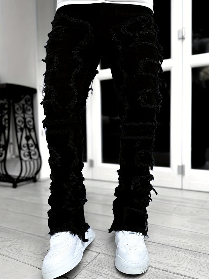 Creative Tassels Decoration Straight Fit Jeans, Men's Casual Medium Stretch Street Style Denim Pants For All Seasons