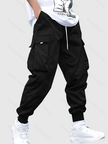 Trendy Solid Cargo Pants, Men's Multi Flap Pocket Drawstring Trousers, Loose Casual Outdoor Pants, Men's Work Pants Outdoors Streetwear Hip Hop Style