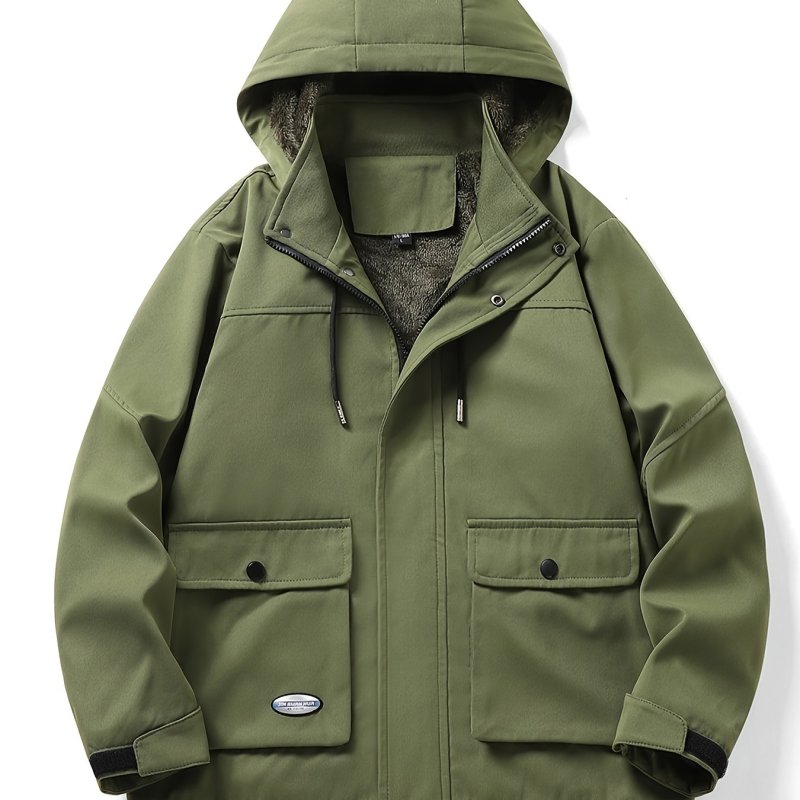 Men's Casual Warm Fleece Jacket With Flap Pocket, Hooded Windbreaker Jacket For Outdoor Activities