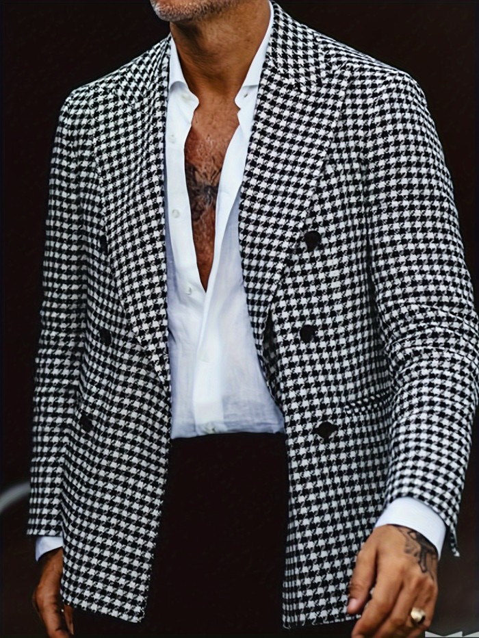 Men's Semi-formal Houndstooth Pattern Blazer, Elegant Retro Double Breasted Suit Jacket