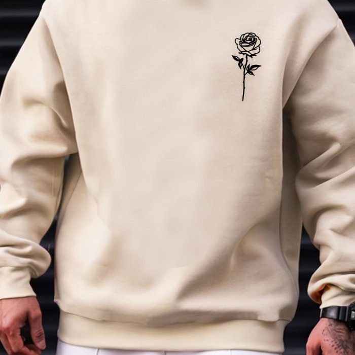 Fashionable Men's Casual Rose Print,Long Sleeve Round Neck Pullover Sweatshirt,Suitable For Outdoor Sports,For Autumn And Spring,Can Be Paired With Hip-hop Necklace,As Gifts