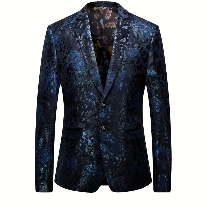Men's Fashion Floral Pattern Blazer, Casual Slightly Stretch Button Up V Neck Button Up Blazer For Outdoor Party Spring Fall