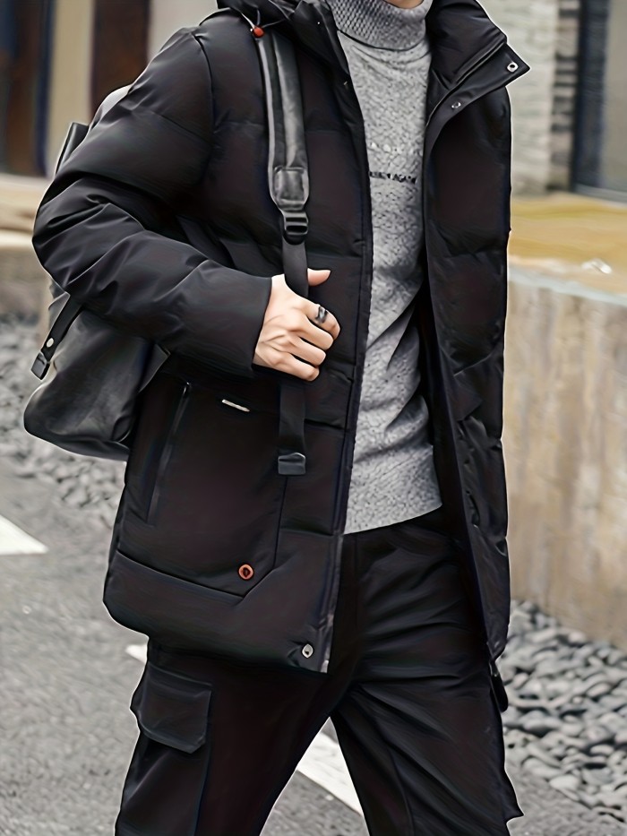 Men's Warm Hooded Zipper Pockets Cotton Padded Coat For Fall Winter