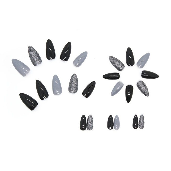 Glossy Purple and Black Press On Nails with Glitter Silvery Design - Medium Almond Shape Acrylic Fake Nails for Women - Decorative False Nails Kit