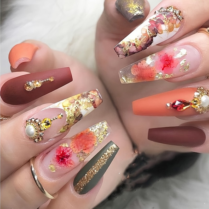 Long Press On Nails, Coffin Fake Nails Matte Ballerina Acrylic Nails Luxury Rhinestone Artificial False Nails With Flower Designs