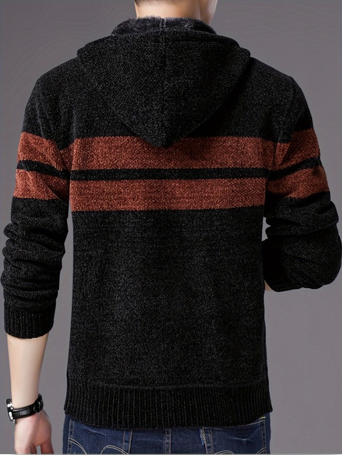 Men's Cardigan Sweater Stripe Pattern Drawstring Hooded Teddy Lined Full Zip Up Cardigan For Fall, Winter, Casual