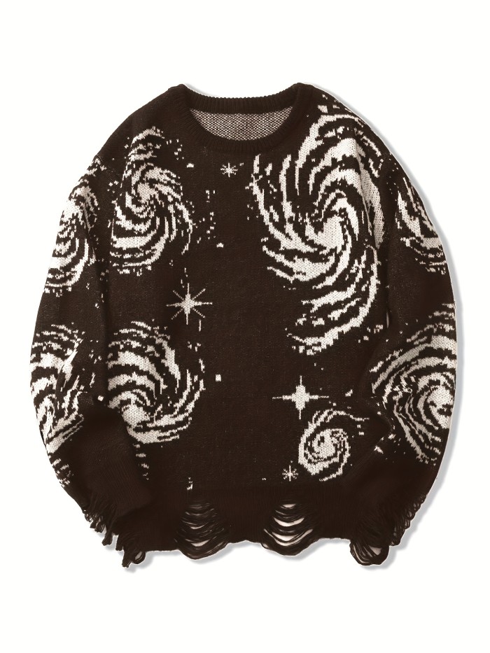 All Match Knitted Galaxy Pattern Sweater, Men's Casual Warm Slightly Stretch Crew Neck Pullover Sweater For Fall Winter