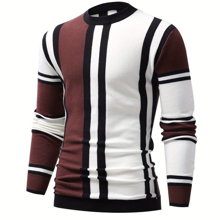 Color Block Design Chic Sweater, Men's Casual Warm High Stretch Crew Neck Pullover Sweater For Fall Winter