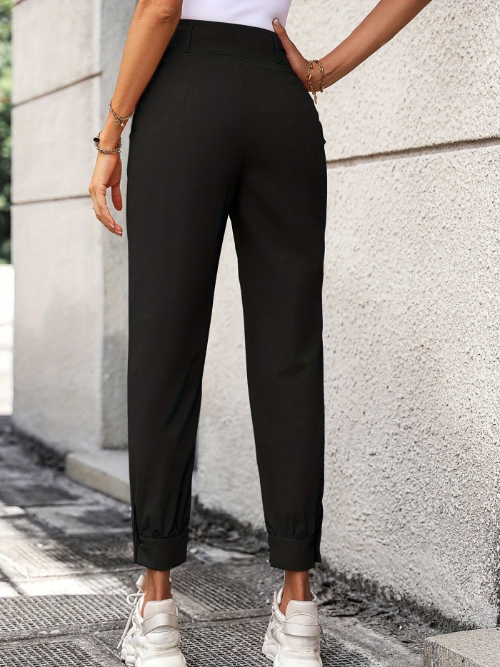 Solid High Waist Pants, Elegant Slim Slant Pockets Pants, Women's Clothing