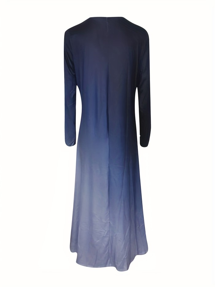 Gradient Print Crew Neck Dress, Casual Long Sleeve Dress For Spring & Fall, Women's Clothing