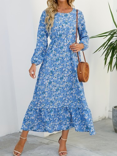 Floral Print Crew Neck Dress, Casual Long Sleeve Dress For Spring & Fall, Women's Clothing
