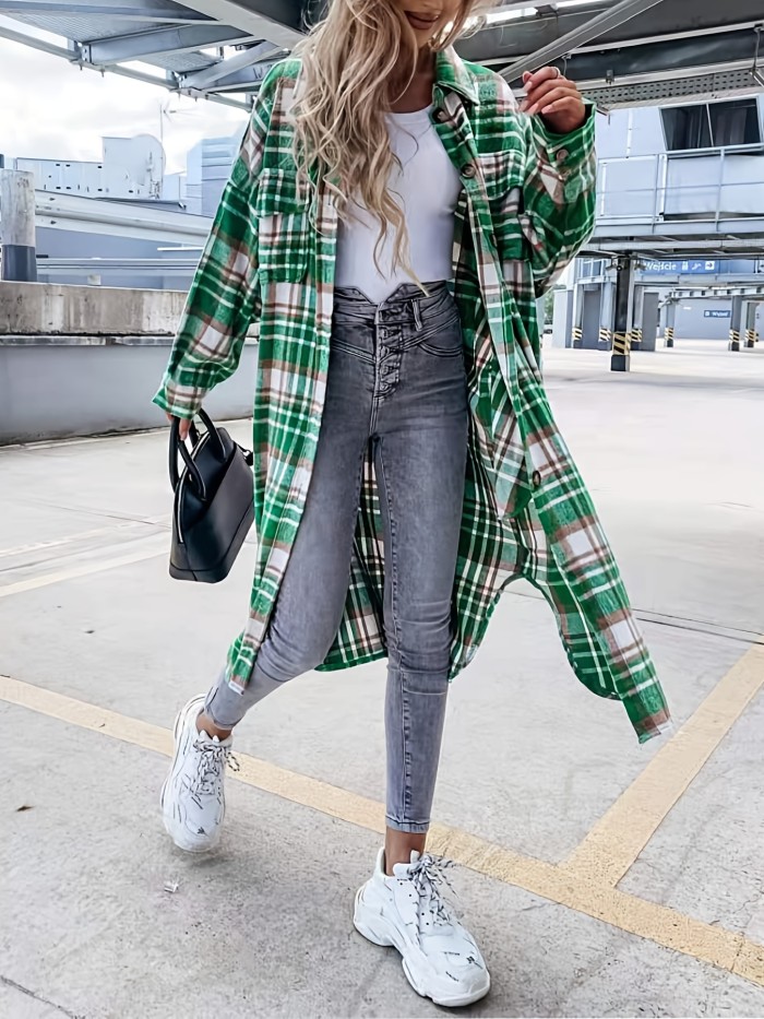 Plaid Print Long Length Jacket, Casual Button Front Flap Pockets Outwear, Women's Clothing