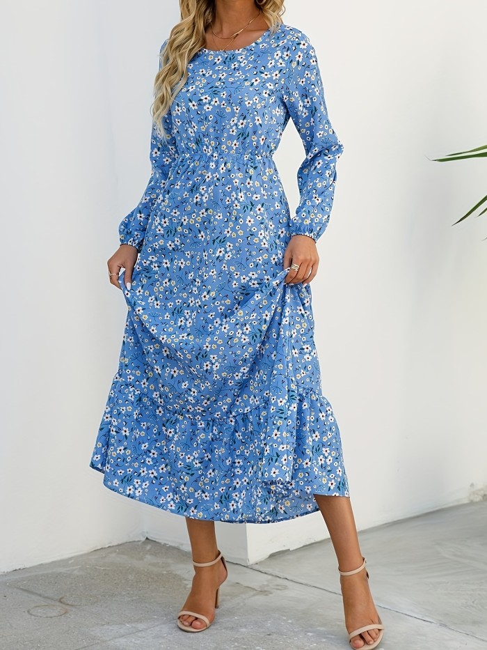 Floral Print Crew Neck Dress, Casual Long Sleeve Dress For Spring & Fall, Women's Clothing