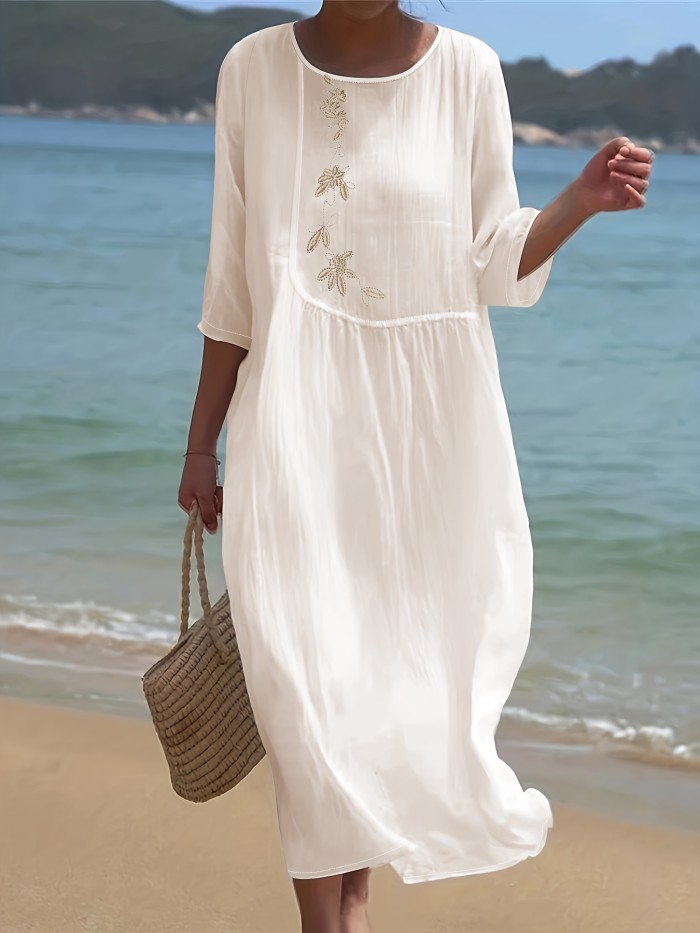 Plus Size Elegant Dress, Women's Plus Plain Floral Embroidered Half Sleeve Round Neck Maxi Dress