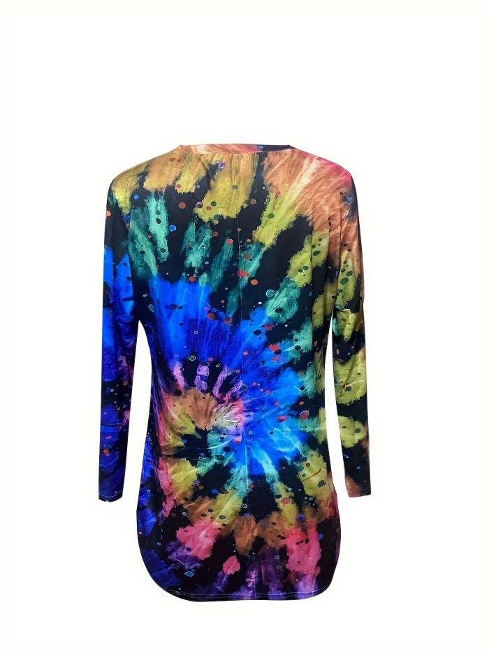 Tie Dye Long Sleeve Dress, Casual Crew Neck Dress, Women's Clothing