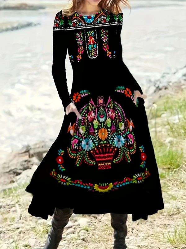 Ethnic Pattern Dress, Casual Crew Neck Long Sleeve Dress, Women's Clothing