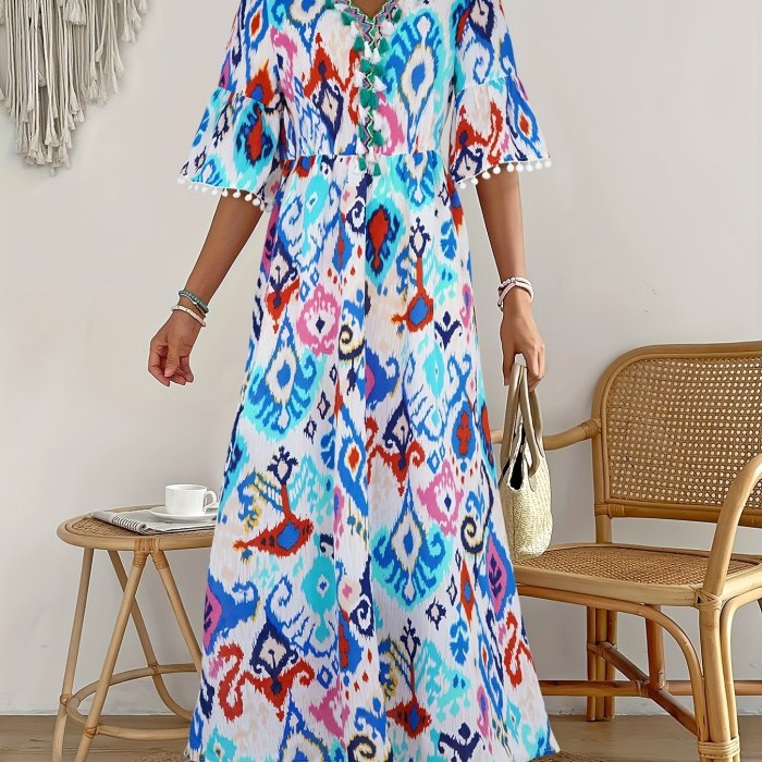 Ikat Print Tassel Dress, Vacation V Neck High Waist Maxi Dress, Women's Clothing