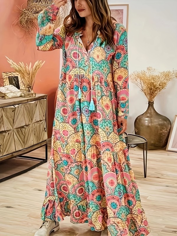 Mandala Floral Print Dress, Boho Drawstring Long Sleeve Maxi Dress, Women's Clothing