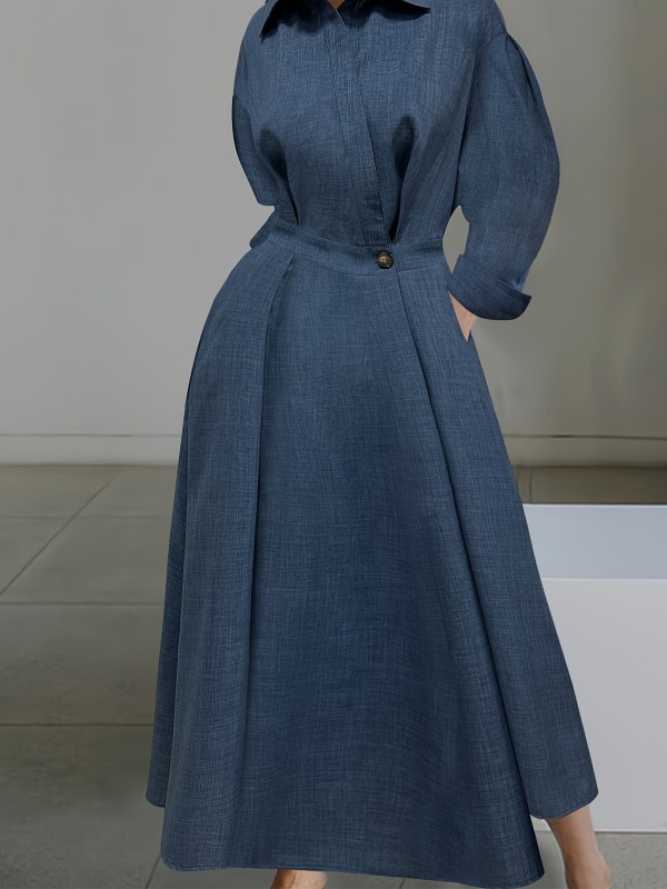 Solid Daily Maxi Dress, Elegant Long Sleeve Collared Dress, Women's Clothing