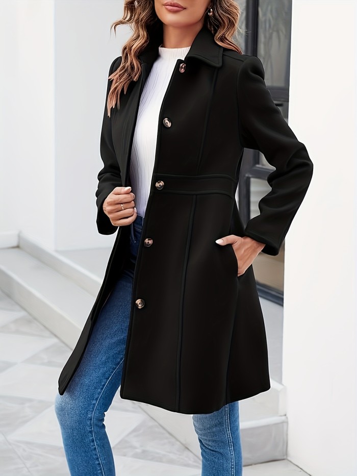 Single Breasted Solid Coat, Elegant Long Sleeve Collared Outerwear, Women's Clothing