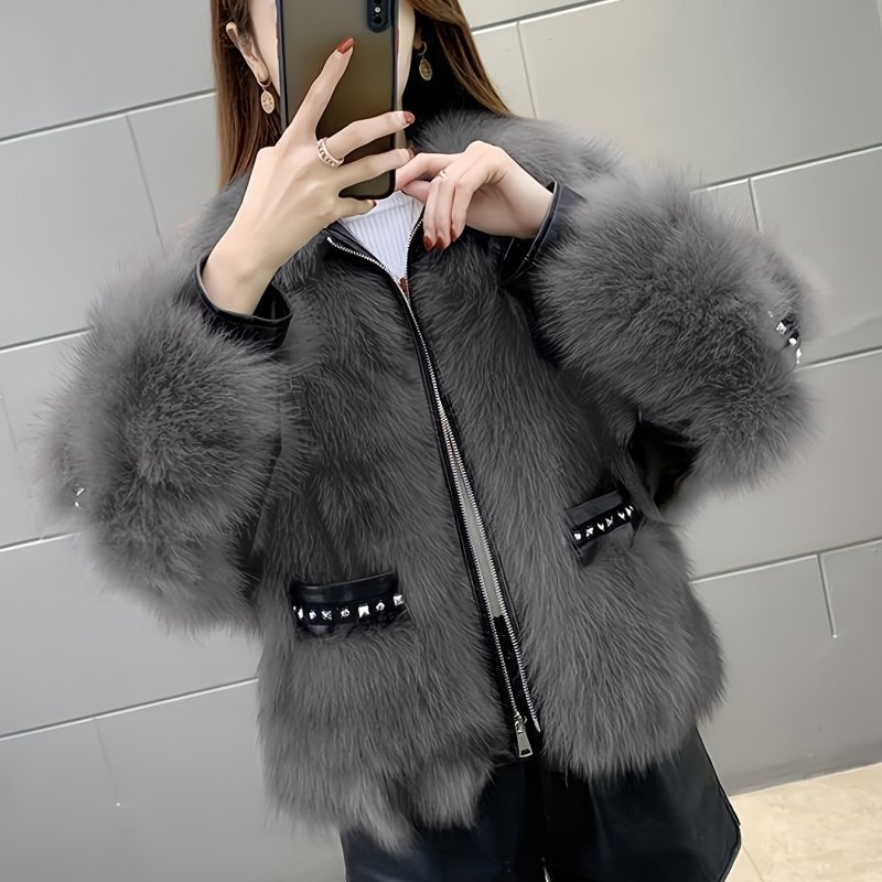 Fluffy Solid Zip Up Coat, Casual Long Sleeve Outerwear For Spring & Fall, Women's Clothing