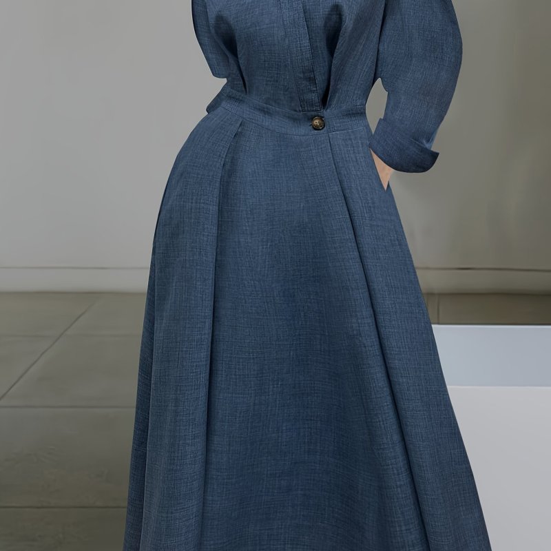 Solid Daily Maxi Dress, Elegant Long Sleeve Collared Dress, Women's Clothing