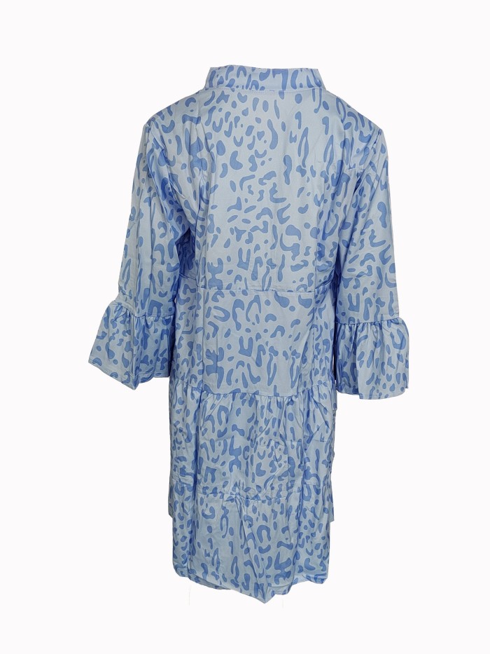 Leopard Print Ruffle Hem Dress, Casual V Neck Long Sleeve Dress, Women's Clothing
