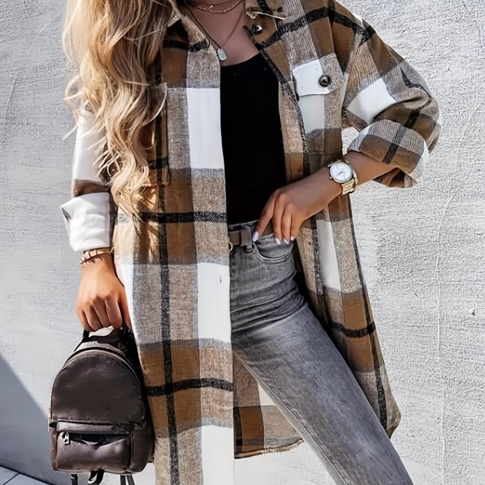Plaid Print Long Length Jacket, Casual Button Front Flap Pockets Outwear, Women's Clothing