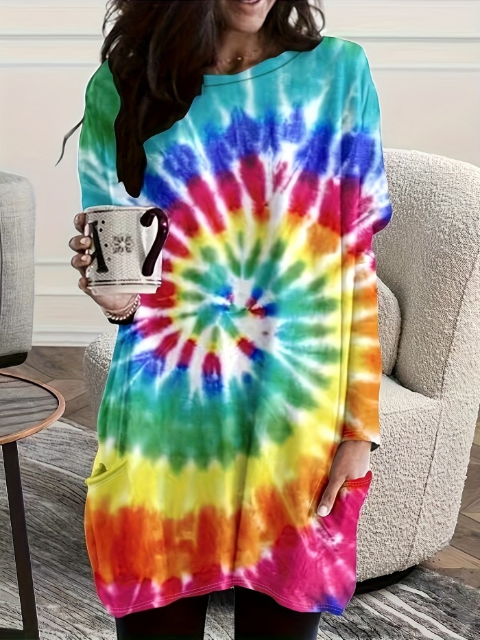 Tie Dye Long Sleeve Dress, Casual Crew Neck Dress, Women's Clothing