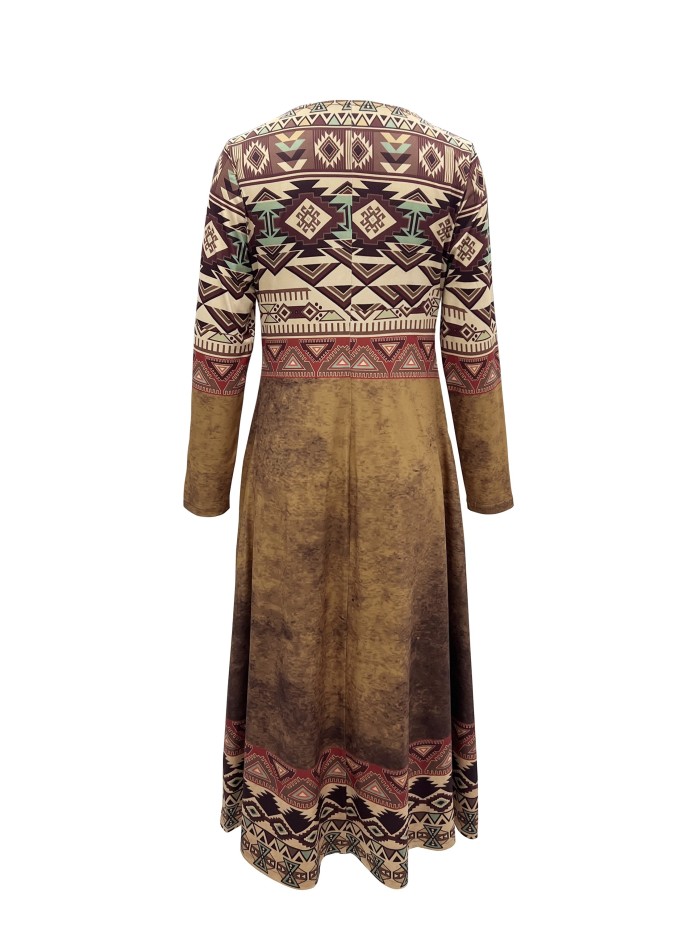 Aztec Print Midi Dress, Vintage Crew Neck Long Sleeve Dress, Women's Clothing